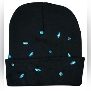 Black Beanie with Blue Gem Accents. All Embellishments Are Hand Sewn On